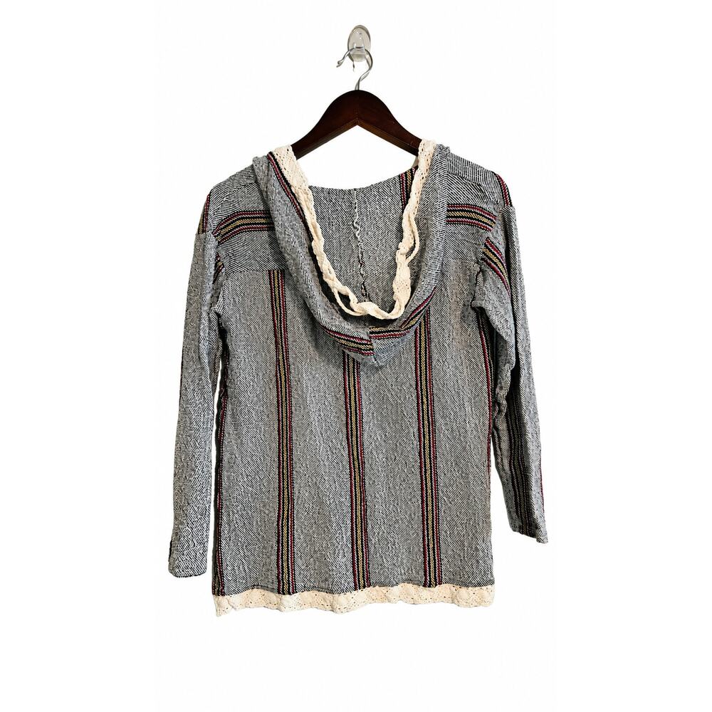 Vintage Havana Baja Hoodie Womens Small 100% Cotton Striped Crochet Trim Boho - Picture 3 of 9
